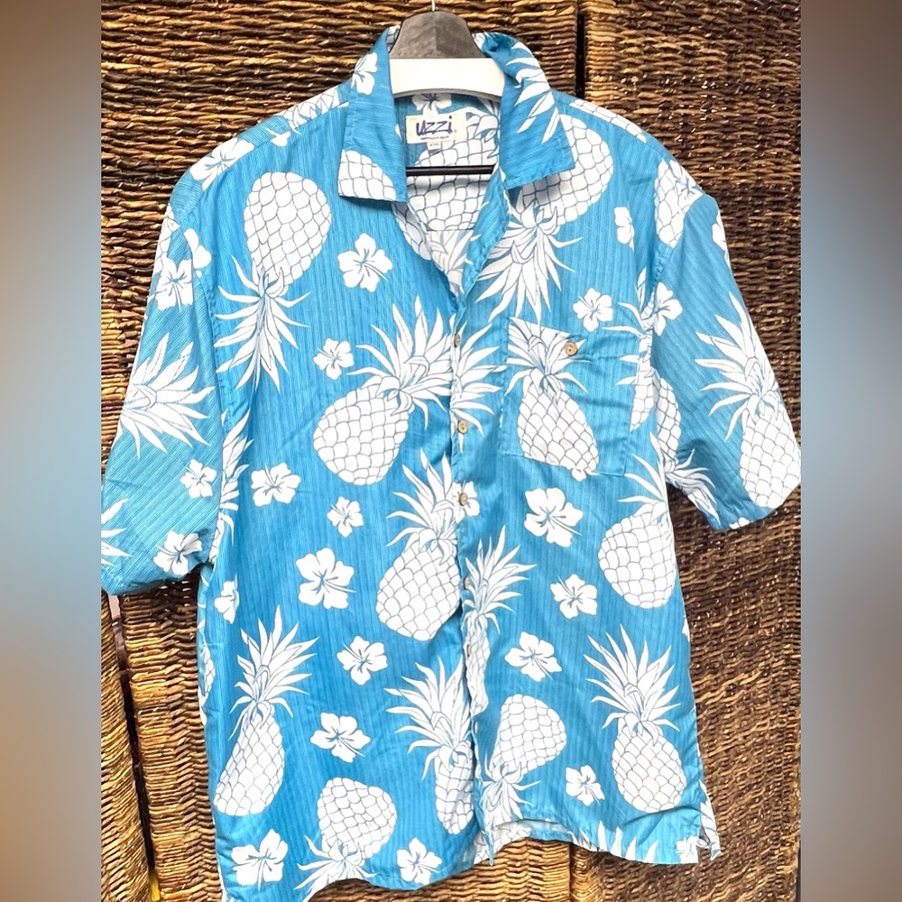 Uzzi- Mens Blue Pineapple Print Men's Shirt-XXL, Button Up‎